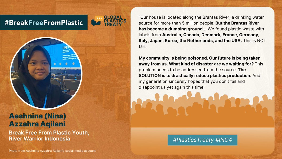16-year-old @aeshnina of #riverwarrior shedding light on the effects of #wastetrade and ultimately demanding reduction of plastic production in front of country delegates negotiating the Global #PlasticsTreaty
#INC4 #BreakFreeFromPlastic #youthactivist
