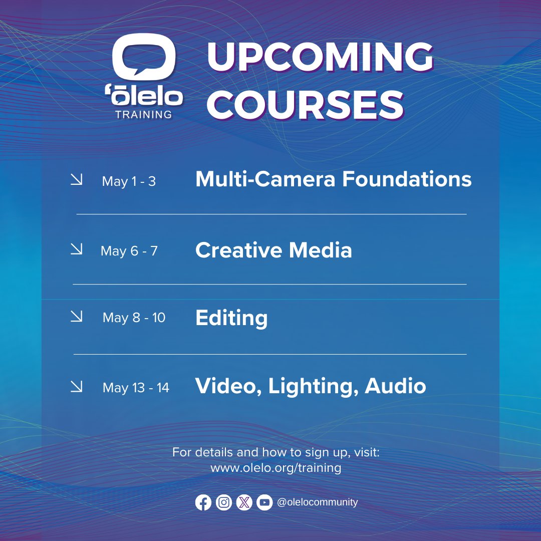 Want to tell a story digitally, but donʻt know where to begin? Our media trainers can help. Join our classes for May!

Get details/register: olelo.org/training/info/

#mediaproduction #productioncompany #productionclass #mentorship #community #digitalstorytelling #videoproduction