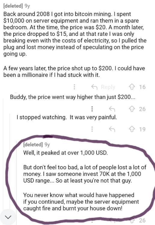 'Everyone who got into bitcoin early is incredibly rich now. If only I'd have gotten in early, I'd be set.' Nope. But at least you're not that guy.