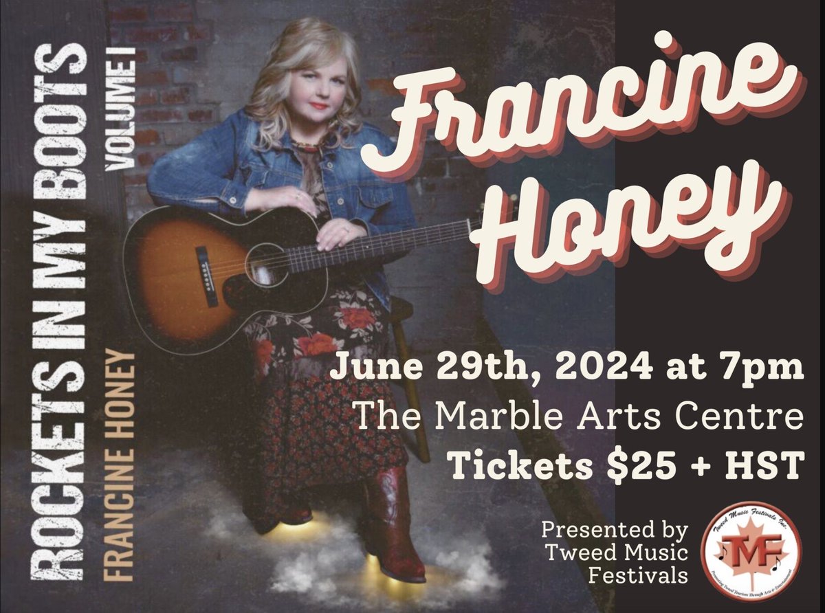 At LONG last! I am coming home for a show! I'm super thrilled about doing a live show in my hometown of Tweed, Ontario and Gabriel Rhodes from Austin Texas is my special guest (among others!) Tickets are available here: marbleartscentre.ca/francine-honey