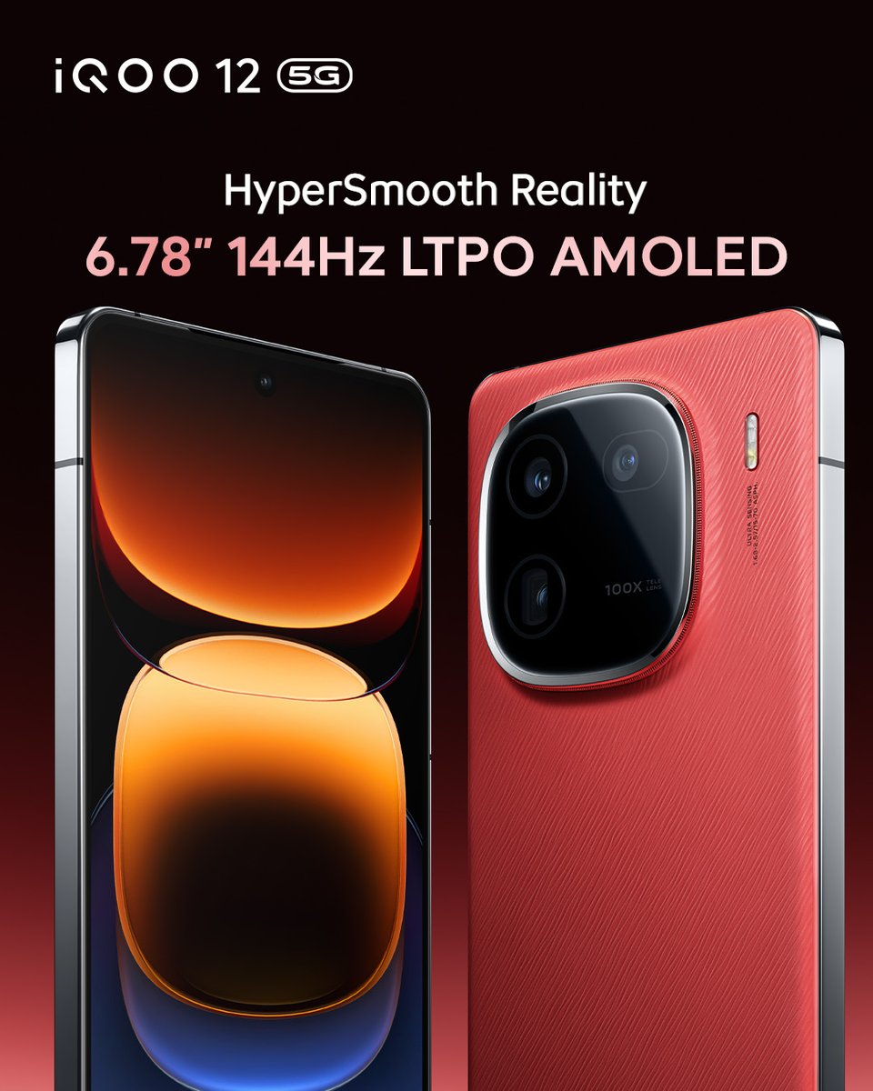 Step into the world of The Brightest Display Ever. A 6.78' 144Hz LTPO AMOLED Display on the new #iQOO12 Desert Red. Elevate your gaming and viewing experience to extraordinary levels. 🚀📱 Sale is live @amazonIN and mshop.iqoo.com/in #iQOO12 #BeTheGOAT