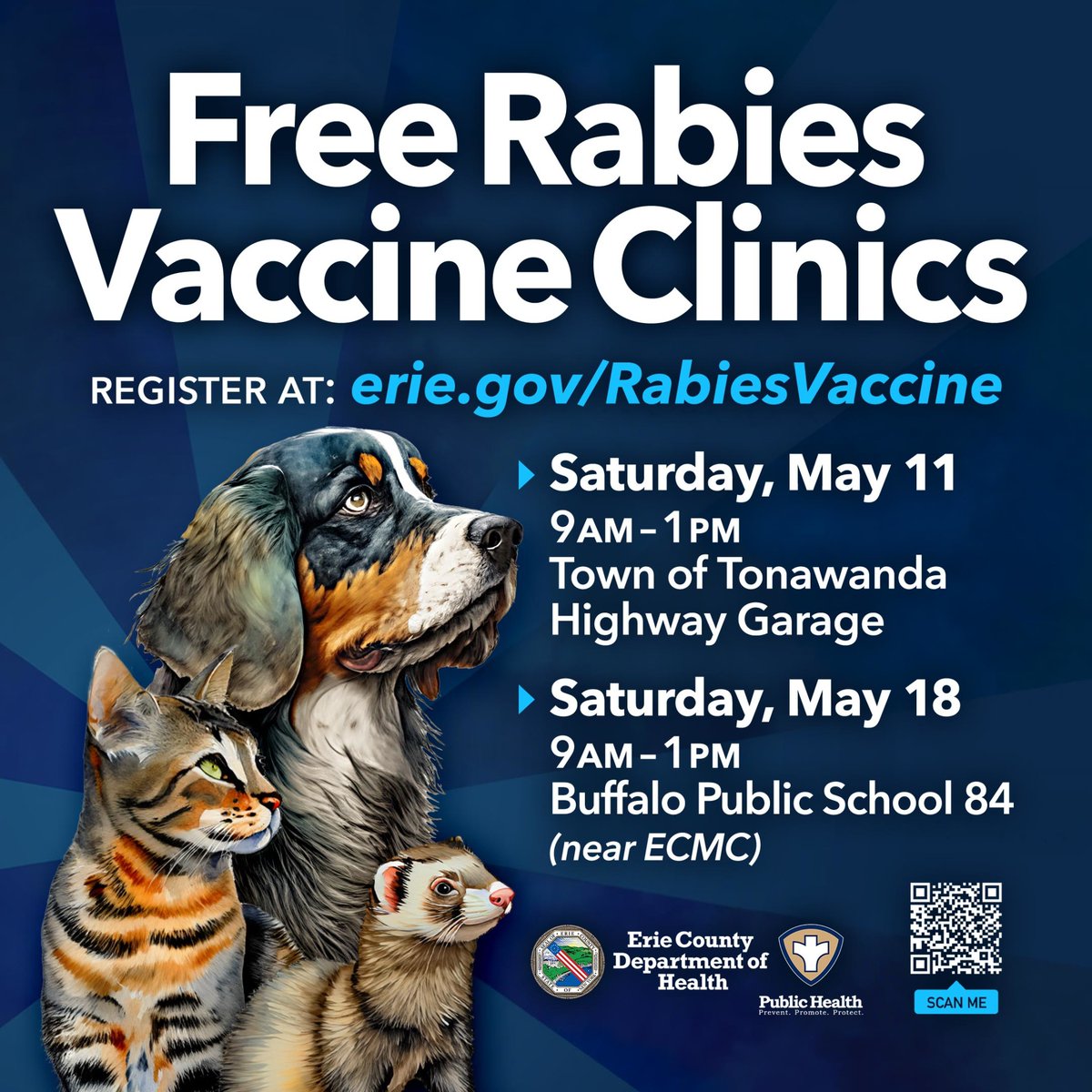 ErieCountyNY's tweet photo. 🐕🐈🦡 @ECDOH is holding FREE "drive-thru" rabies vaccine clinics:

• Sat, May 11: Town of Tonawanda Hwy Garage
• Sat, May 18: Buffalo Public School 84 (near ECMC)

Events run 9 AM – 1 PM. Appointments required! Registration &amp; info: https://t.co/TTaukDTa3x or call 716-961-6800. https://t.co/XHxcoMQPvy