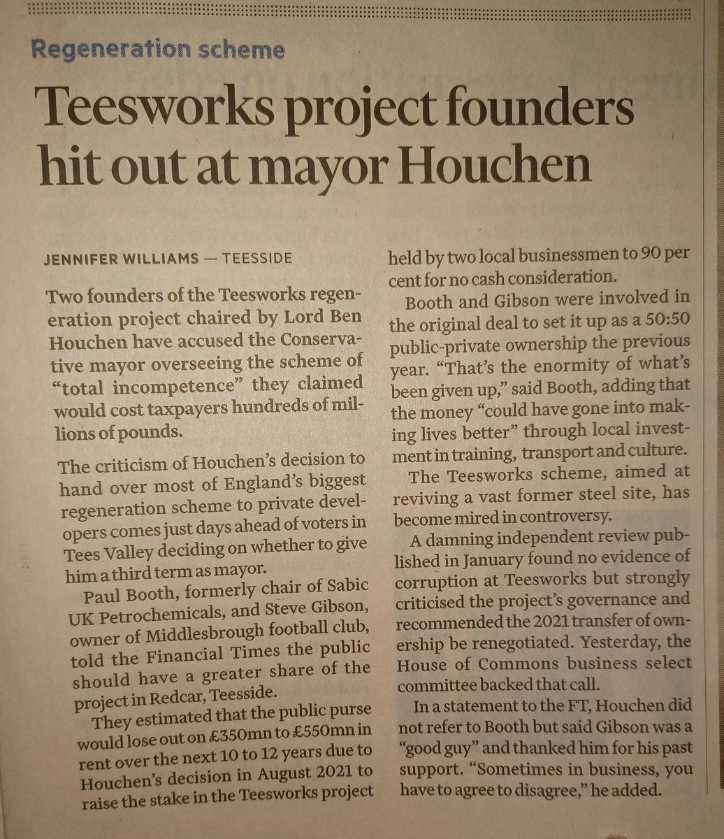 Steve Gibson is in the FT today, criticising the conduct of Tees Valley mayor Ben Houchen in his running of the Teesworks project. Gibson was not always so doubtful about the direction of the project...