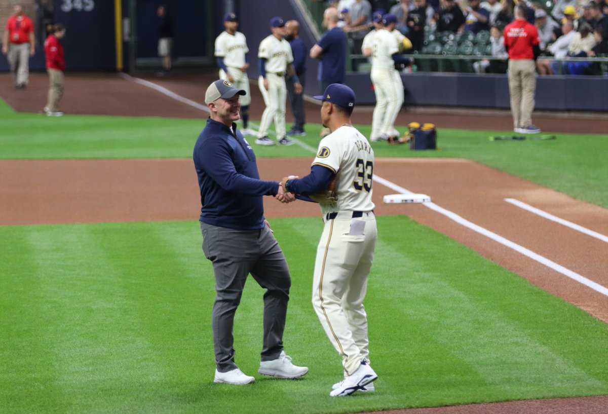 ElmbrookSchools's tweet photo. Andy Farley (National Principal of the Year) and Dr. Mark Hansen (State Superintendent of the year) threw out the first pitch at the @brewers game ⚾️!! Thanks to all who joined in on the fun. #thisismycrew #becomewhatsnext https://t.co/qfyOYOA6Sq