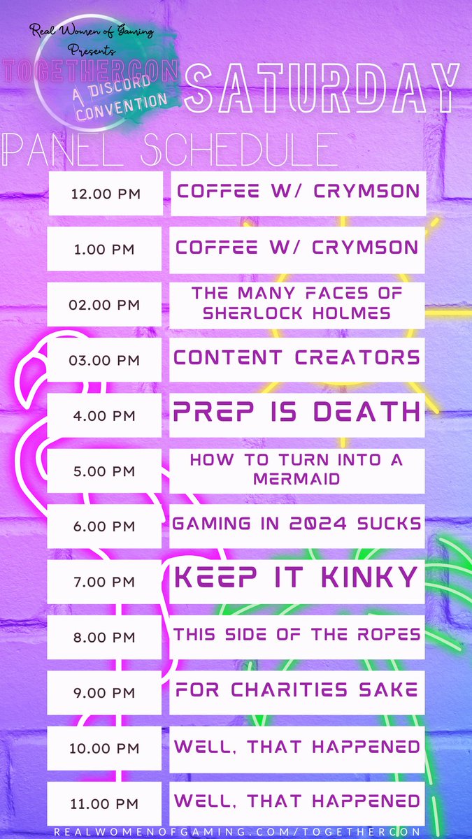 RealWomenGaming's tweet photo. #TogetherCon #Discord #Convention Panel Schedule for Saturday! Featuring a ton of amazing people and topics. Join the Discord https://t.co/XQpf9o7h4W https://t.co/oQ1gjn2QDz