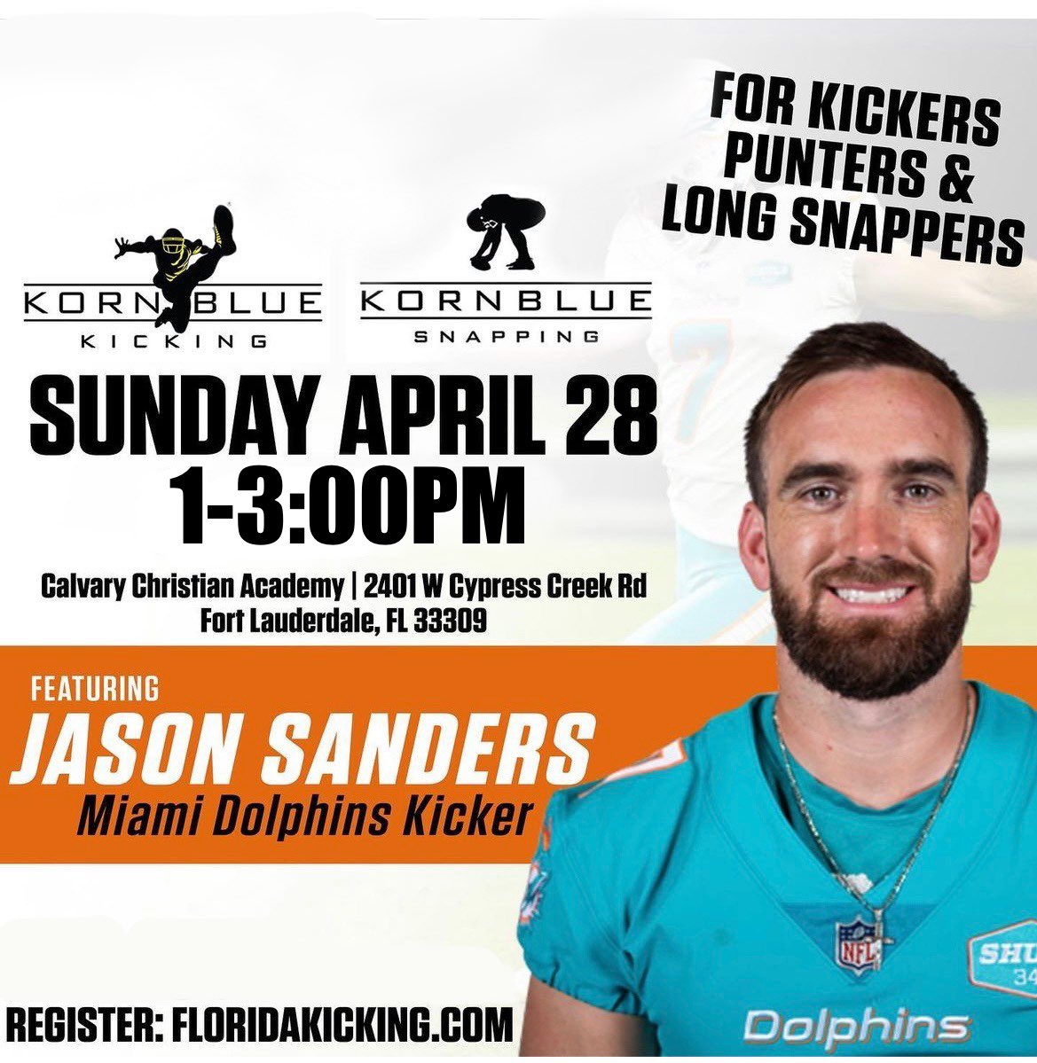 Big 𝙏𝙃𝘼𝙉𝙆 𝙔𝙊𝙐 to @MiamiDolphins kicker @jasonsanderss🐬 for spending the day at our South Florida Training location‼️ Energy was 🆙 today. Guys got better preparing for spring practice. 🗓️ Next session…May 5. @KornblueKicking @KornblueSnappin