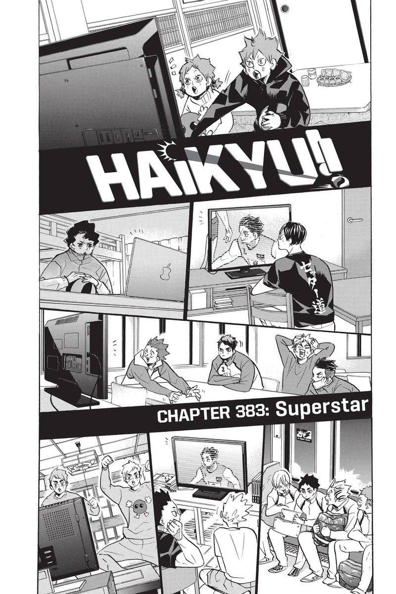 this is the cutest page in haikyuu i love how excited everyone is watching the game :]