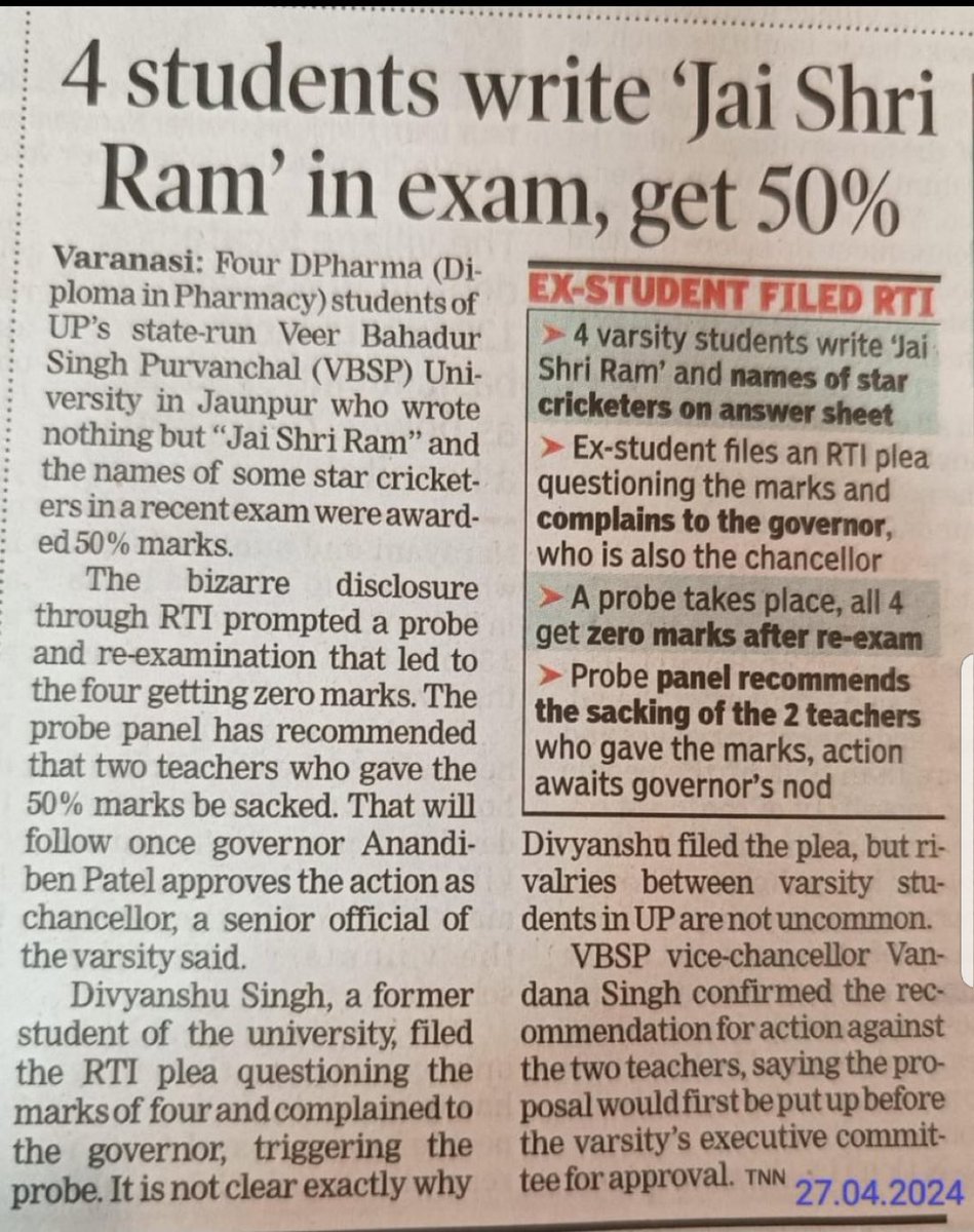 Education is seen the backbone of a country, teachers with power to change the system and students considered the future but India’s generations under #Hindutva influence can be easily predicted. It's not shocking to learn that 4 UP state students in their exam wrote the RSS…
