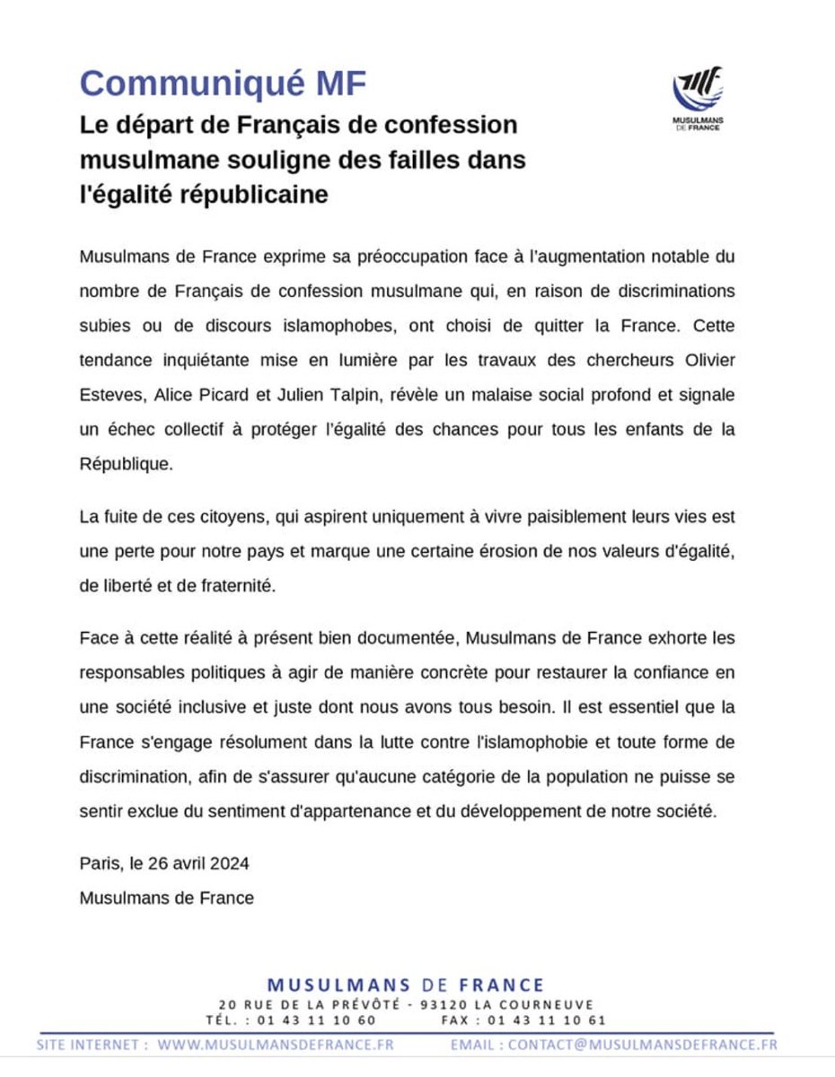 Et les frères de Musulmans de France sans surprise soutiennent cette théorie de l'islamophobie structurelle qu'ils couvent depuis des décennies, en profitant pour évoquer malaise social profond, échec collectif, fuite des citoyens, et appeler à une société 'inclusive'. La boucle