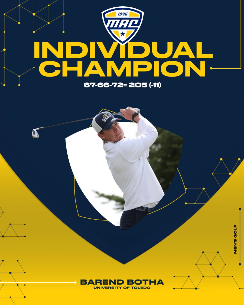 BACK-TO-BACK! 🚀🚀 For the second consecutive season, Toledo's Barend Botha takes home the Individual Title. Botha finished (67-66-72 =205, -11) for the Championship! @ToledoMGolf | #MACtion