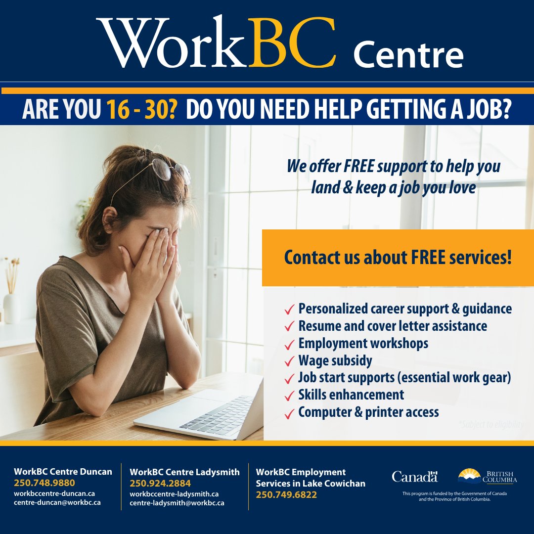 Attention Youth! WorkBC provides free employment services and supports to help you land a good job! Contact us today to find out more: 250-748-9880. #workbc #cowichanvalley #youth
