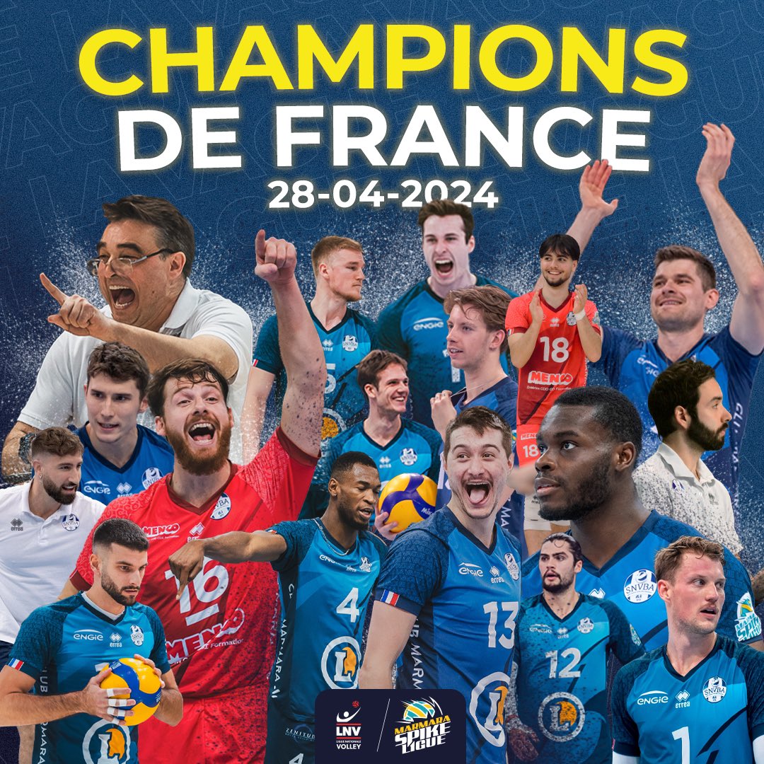 CHAMPIONS DE FRANCE MSL 2024 Nos Bleus sont champions de France de Marmara SpikeLigue pour la première fois de l’histoire du SNVBA ! 😍 Ils écrivent l’histoire en ramenant un nouveau titre au club !! 🔥 Merci au collectif de Rubinho pour cette saison magique❤️‍🔥