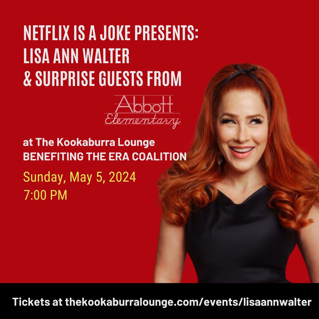 May 5, 2024 in LA comedian Lisa Ann Walter headlines a special night at the woman-owned Kookaburra Lounge for the Netflix Is A Joke Festival, spotlighting the Equal Rights Amendment. thekookaburralounge.com/events/lisaann… #ERANow #NetflixIsAJoke