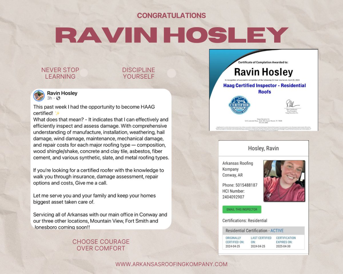 ar_roofing's tweet photo. We are proud of Ravin for her achievement! Way to Go!!!
#haagcertified #achievement #workfamily #continuingeducation #certifiedroofer https://t.co/r1vuMLGROr