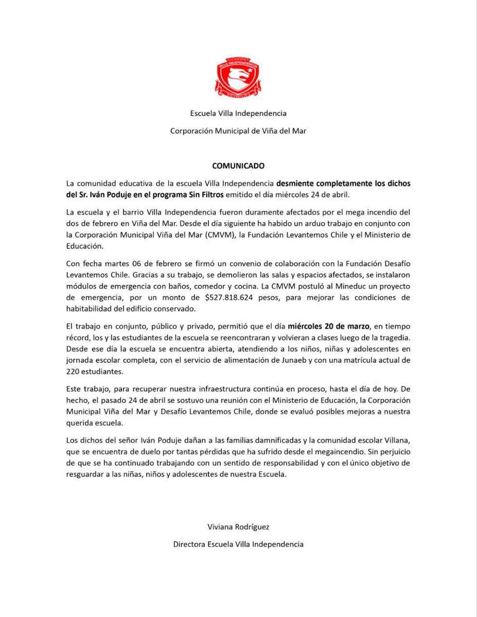 Las fakenews dañan a toda una comunidad educativa. No podemos permitir que se digan falsedades sobre el trabajo que ha desarrollado la Escuela de Villa Independencia por seguir con las clases y el resguardo de los estudiantes de la zona afectada tras el incendio.