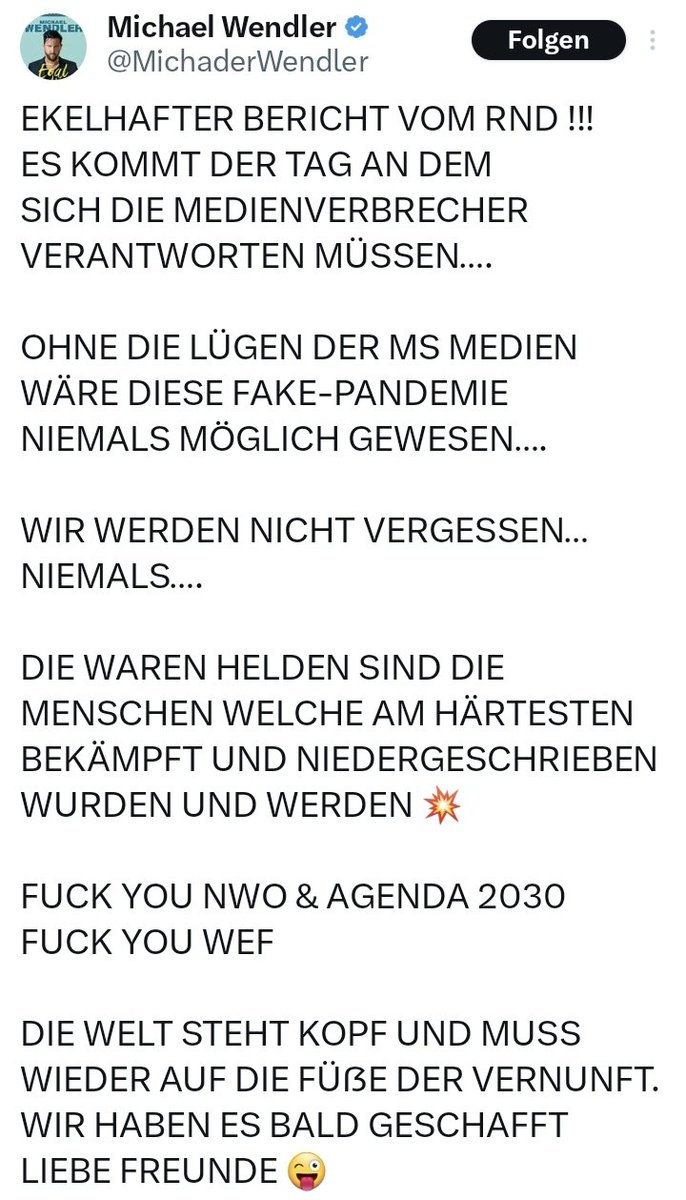 @MichaderWendler, DER 'WARE'[sic!] HELD! 😱🤣
NICHTMAL DIE AUTOKORREKTUR MAG NARZISSTEN UND SOZIOPATHEN WIE #WENDLER‼️ 
FUCK YOU, OBERHAUSEN 2025‼️ 😂