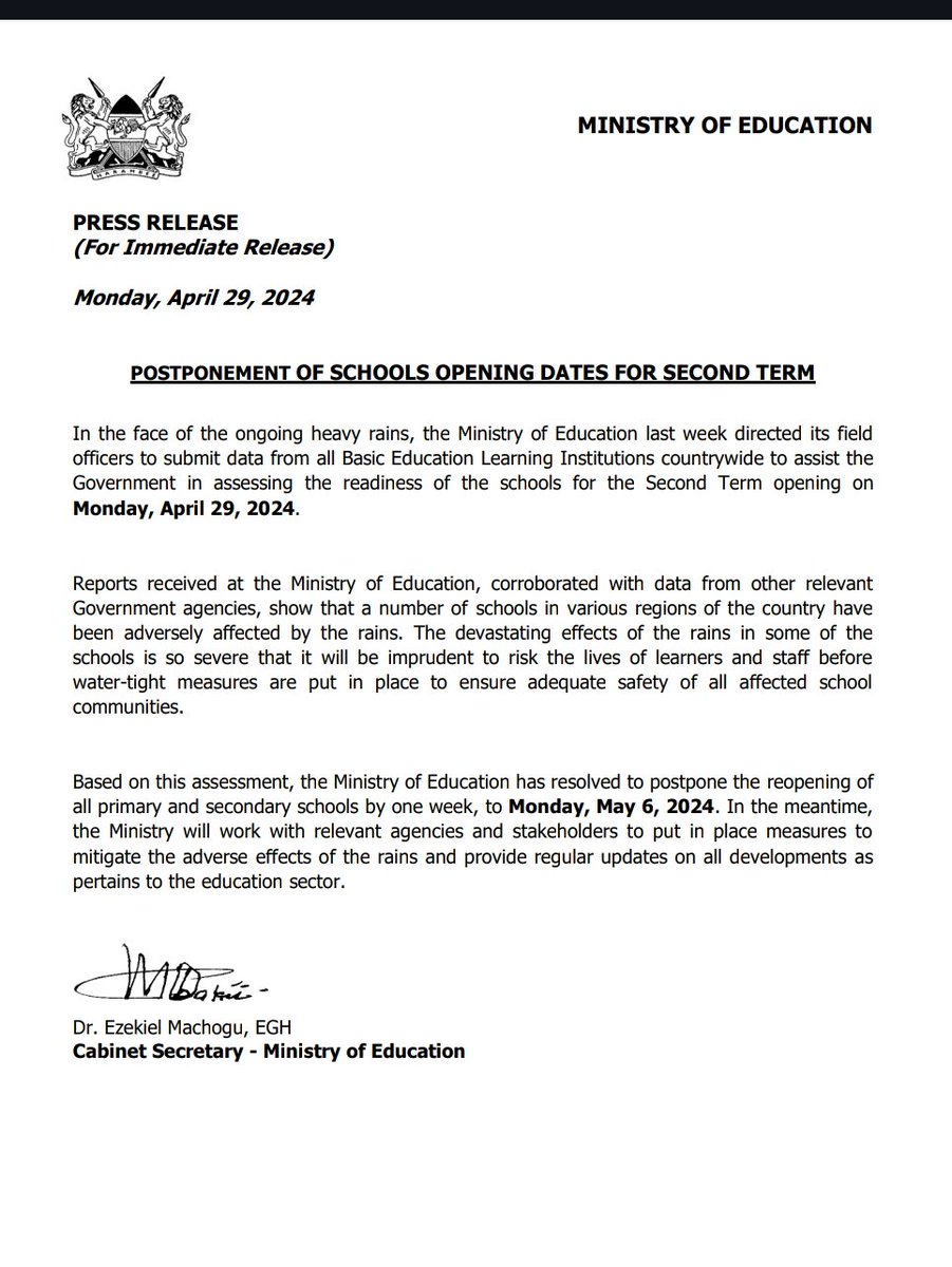 Gov't postpones reopening of primary and secondary schools for 2nd term by one week from April 29 to May 6 following ongoing heavy rains, CS Machogu says. citizen.digital