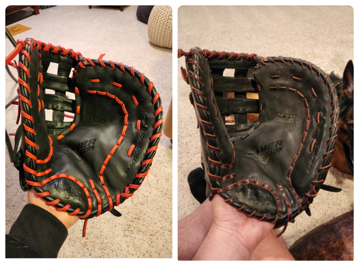 Some of my finest work to date! ✨️🤌 Cleaned, conditioned and relaced. #Custom #fastpitchsoftball #softball