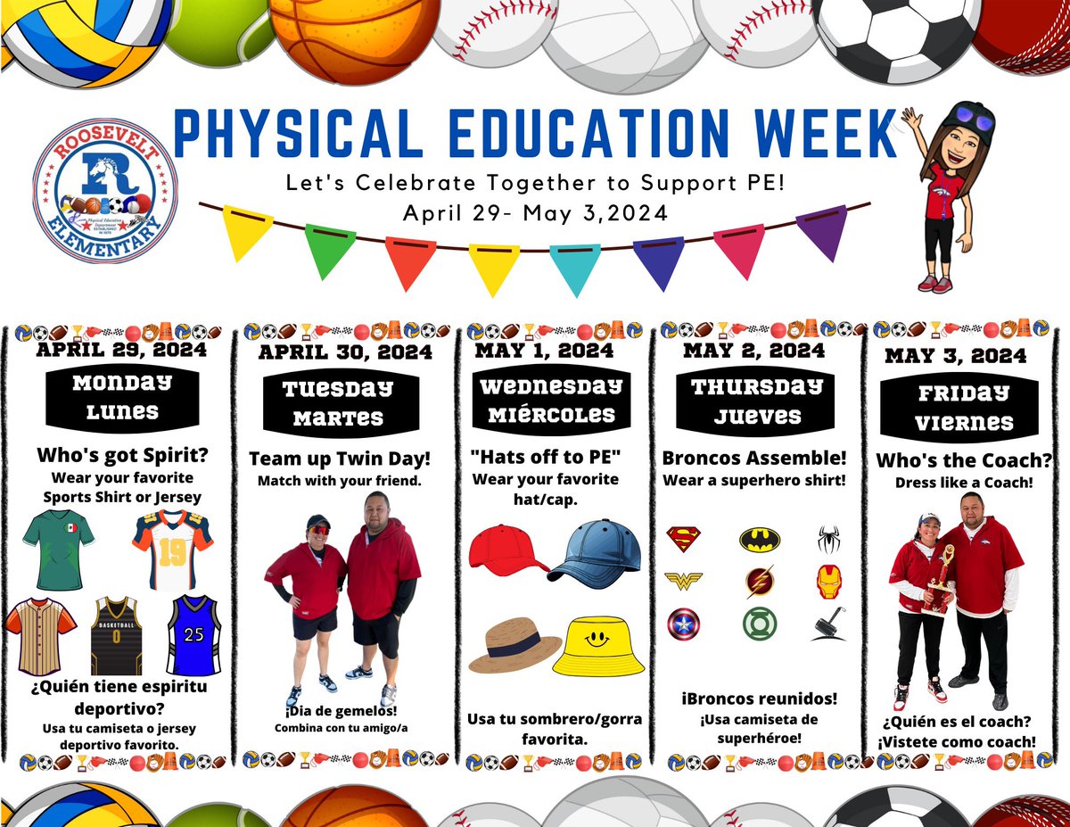 BroncosPE's tweet photo. Tomorrow we kick off our Physical Education Week by wearing your fav sports team jersey/shirt. Looking forward to see our Broncos joining in on the fun! Go Broncos! #PEWeek #BroncoPride @RooseveltBronc1 @McAllenISD https://t.co/DgrSoZwWUj