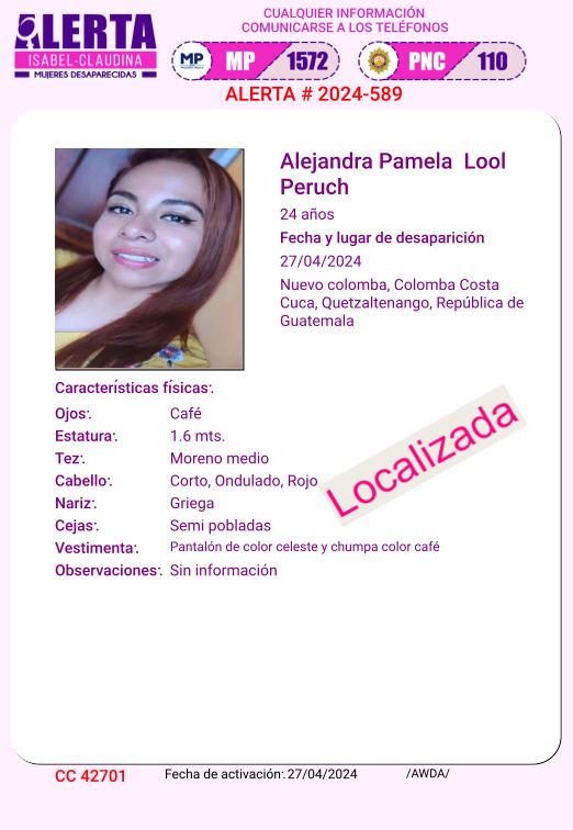 #AlertaIsabelClaudina
📷 Localizada📷
Alejandra Pamela Lool Peruch
Ha sido localizada  📷
Agradecemos haber compartido la información  📷