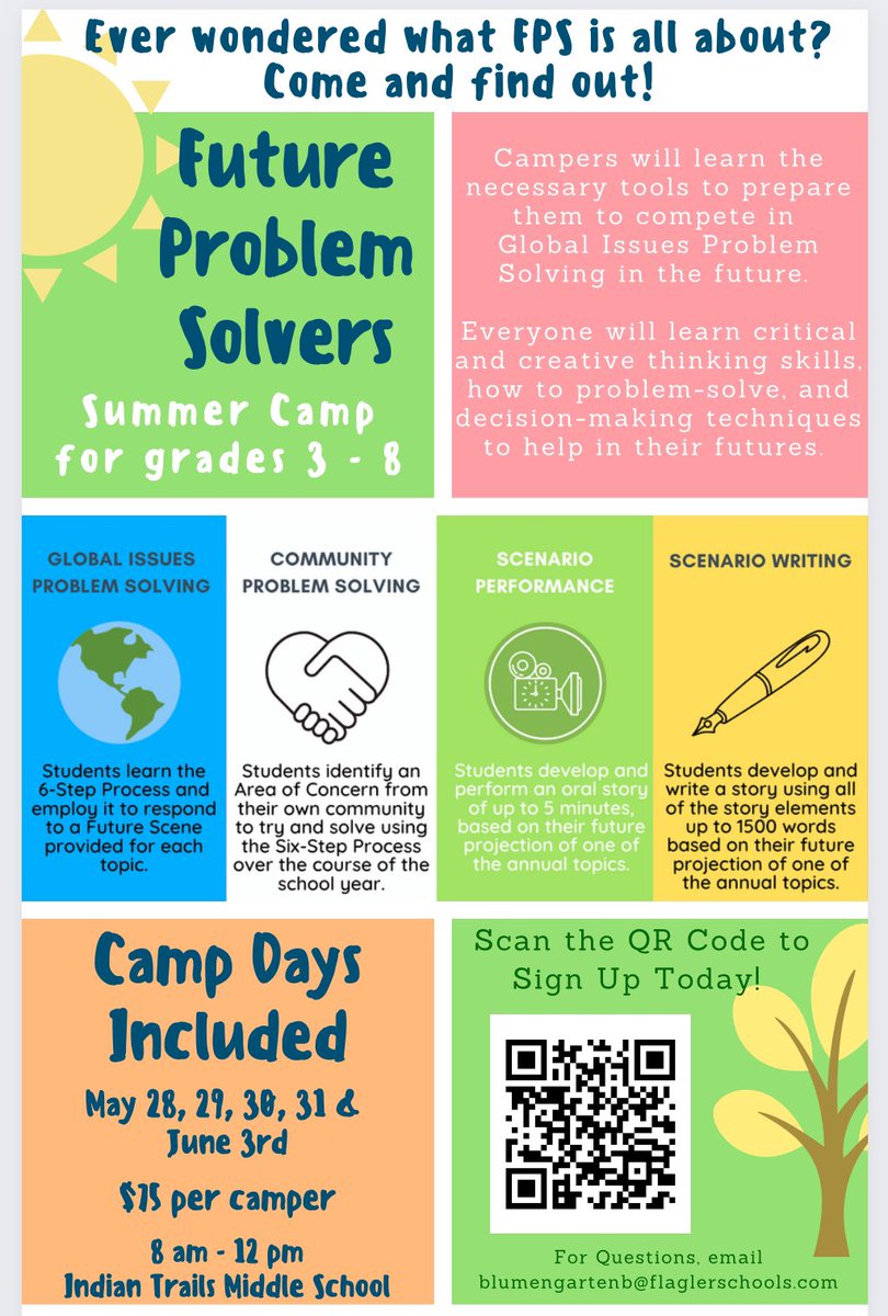 Don’t forget to sign up - spots are limited and this is open to any students grades 3-8 in Flagler county! Should be a great experience and a great first look into what Future Problem Solvers is! We can’t wait to host you! 

forms.gle/sMh1JJ4sdR2uDG…