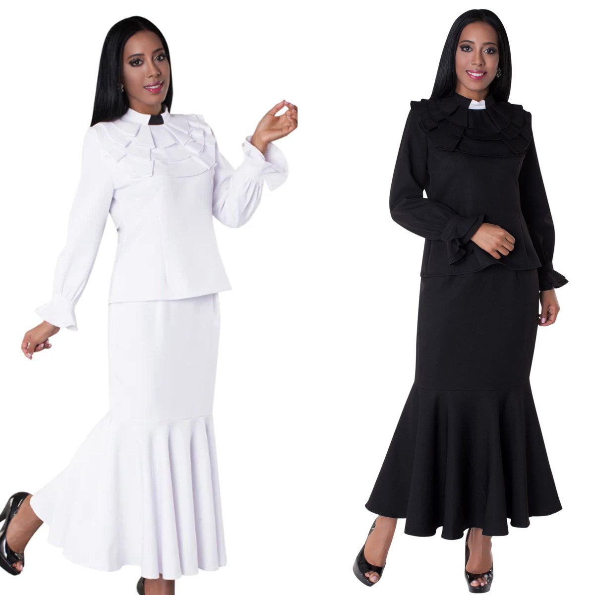 Tally Taylor 4601 White Clergy Skirt Suit 
divasdenfashion.com/products/tally… 
#DivasDenFashion #COGIC #Evangelist #Clergy #clergyfashion #rufflecollar #ClergySuit #ElectLadies #IDOE #TallyTaylor #bellsleeves #blackclergy #femaleclergy #clergysuit #womenpreacher #mermaidskirt #cogicfashions