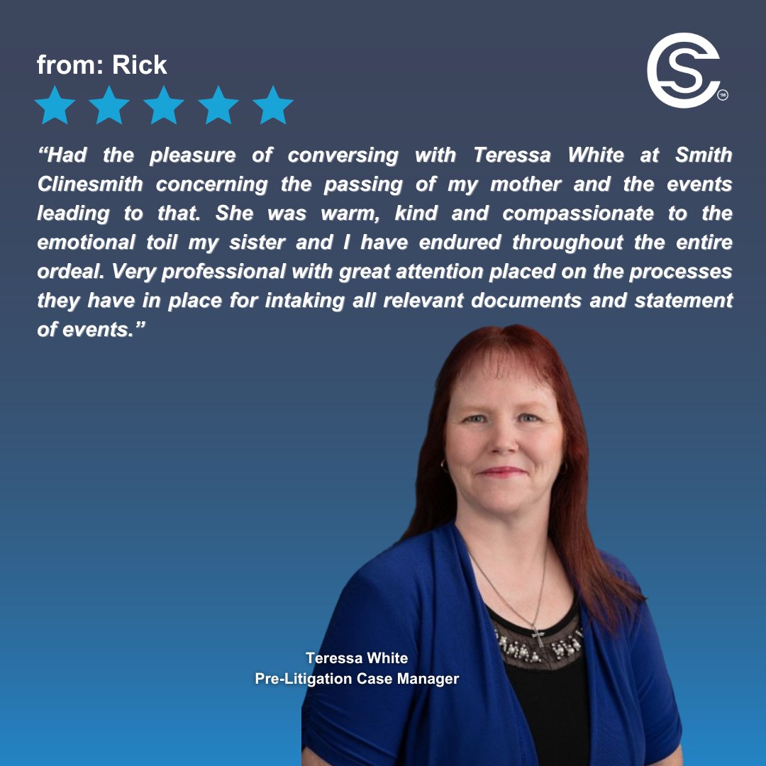 Teressa is a fantastic member of #TeamSmithClinesmith and knows we are here to make difficult times a bit easier with compassion and professionalism 🙌 💥

#RaisingtheBar #casemanager #lawfirm #supportstaff #lawyer #attorney #nursinghomeabuse #longtermcare #lawsuit