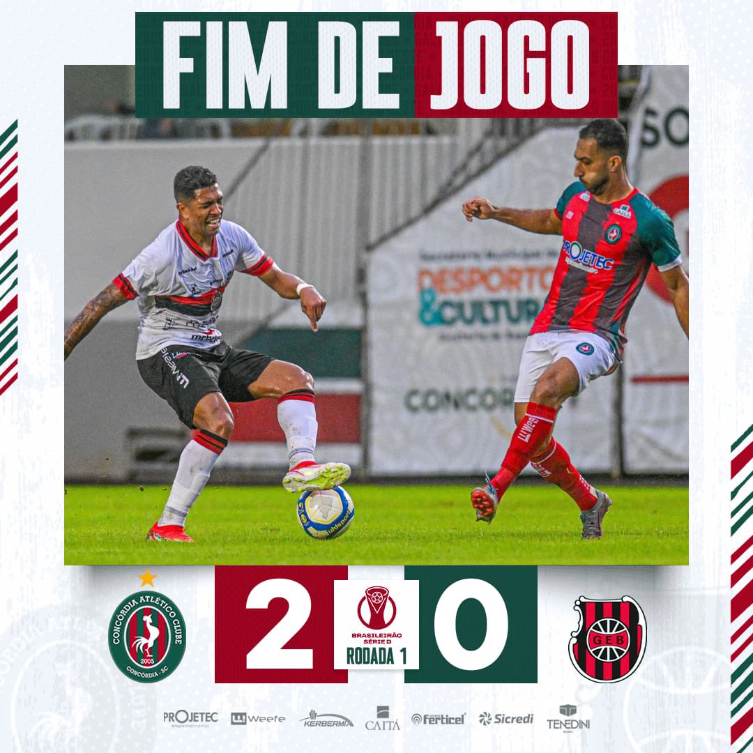 FIM DE JOGO!!!!!! ANOTA +3 PRO GALO! 🐓❤️💚 Com gols de Perema e Marquinhos, o Concórdia vence o Brasil de Pelotas na estreia do Campeonato Brasileiro da Série D Concórdia 2x0 Brasil de Pelotas