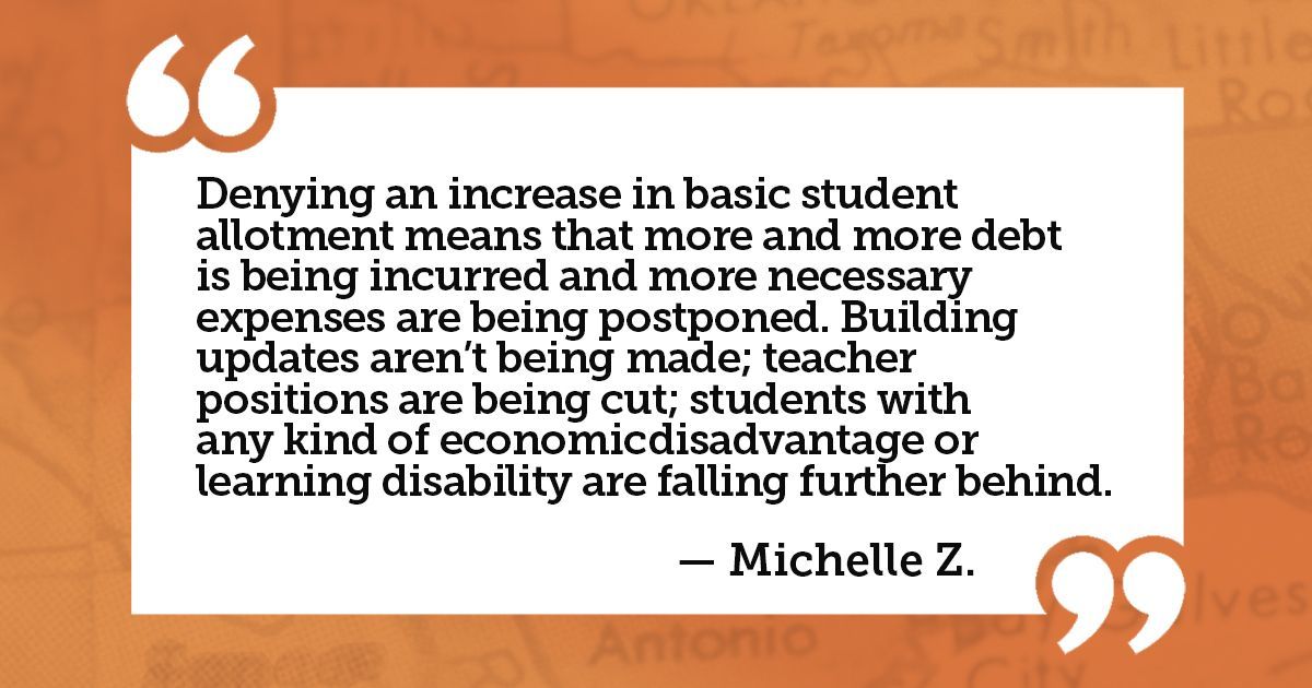 Thanks to all the parents, teachers, board members, and concerned citizens who have shared their stories with us. How has the lack of funding for #txed impacted your local school or district? #FundOurFuture