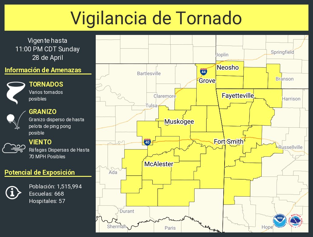 Vigilancia de Tornado ha sido emitida para partes de Arkansas, Missouri y Oklahoma hasta las 11 PM CDT