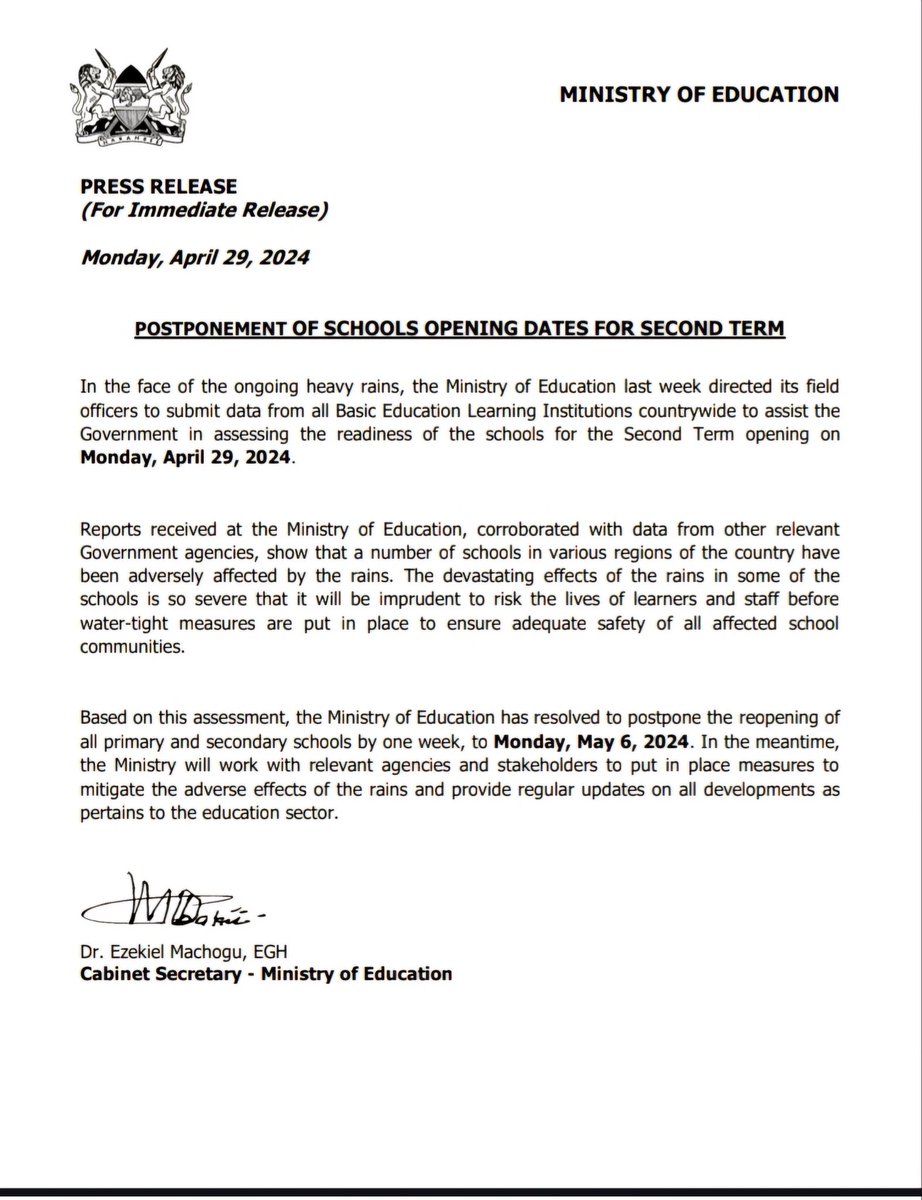 Gov't postpones reopening of primary and secondary schools for 2nd term by one week from April 29 to May 6 following ongoing heavy rains. @citizentvkenya