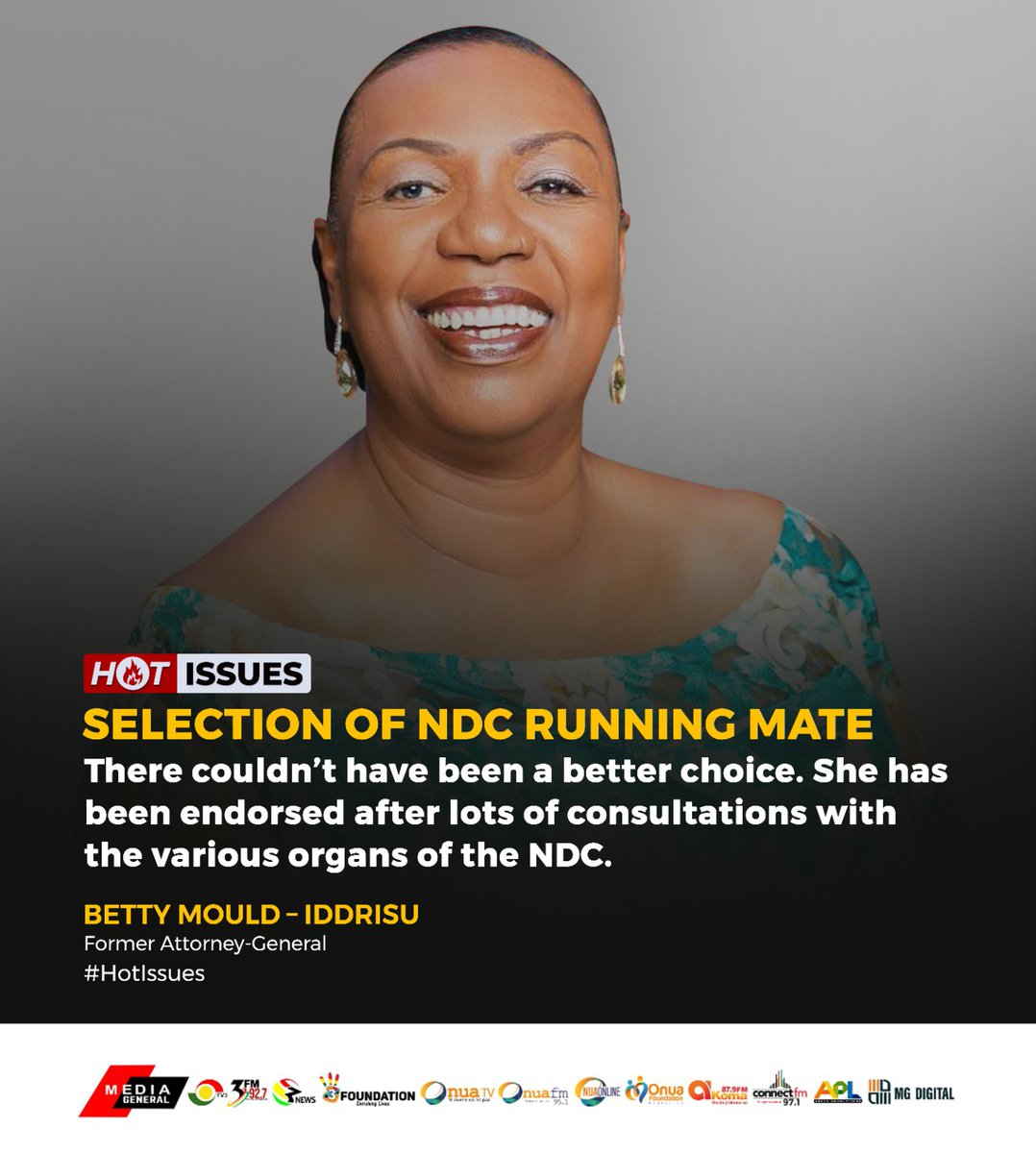 Former Attorney-General Betty Mould-Iddrisu confident about choice of Prof Naana Opoku-Agyeman as @@JDMahama's running mate.

#HotIssues #3NewsGH