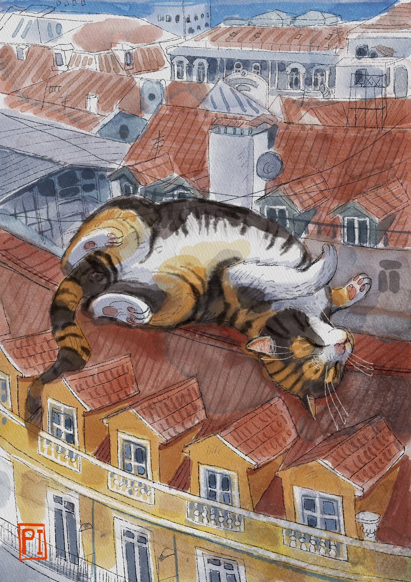 Iryna_Potapenko's tweet photo. Lisbon. Summer. 

This #cat is like a solar panel. It's charged by the sun. I want to do a series with huge cats in Lisbon. By the way, this cat is from Odessa. #KidsBookIllustration
#ChildrensBookIllustrator
#StorybookArt https://t.co/hZBx8jbUEF