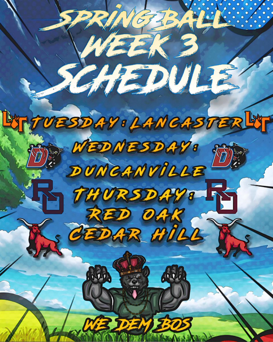 Spring Ball Week 3 Schedule❗️🔥 • Tuesday: @LancasterFBwebo • Wednesday: @Duncanville_Fb • Thursday: @rohawksfootball & @TheHillTTHLFB