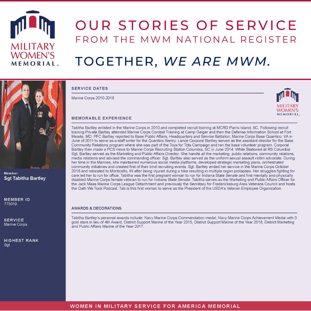 For today's Sunday Stories from the MWM National Register, we are highlighting some of our women veterans who joined us yesterday for Women Veterans Engage. To include your story of service in the MWM Register, create an account - womensmemorial.org/make-herstory/ #WeAreMWM #HerMemorial