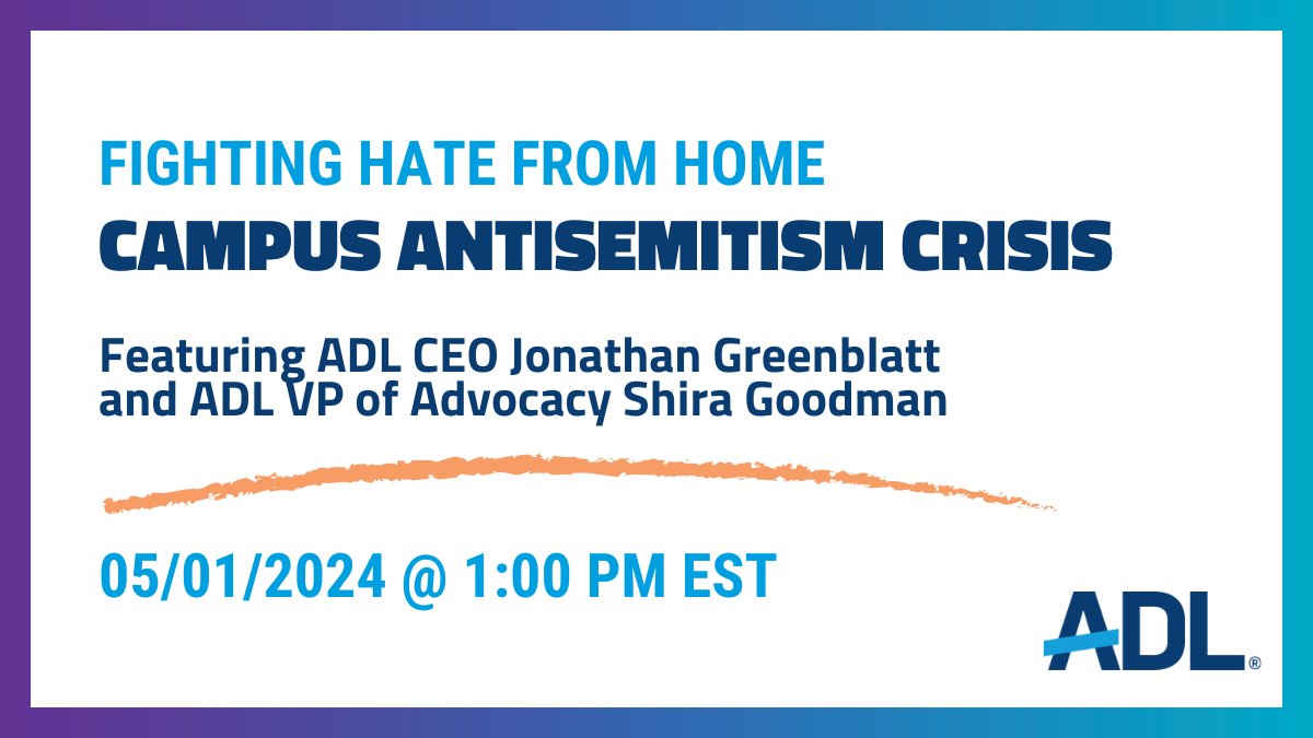 There is a crisis on our college campuses. This Wednesday, 5/1, at 1pm ET, join ADL CEO @JGreenblattADL and ADL VP Advocacy @SJGoodman, along with voices from campus, for a webinar about what needs to be done to help Jewish students. Register: adl.zoom.us/webinar/regist…