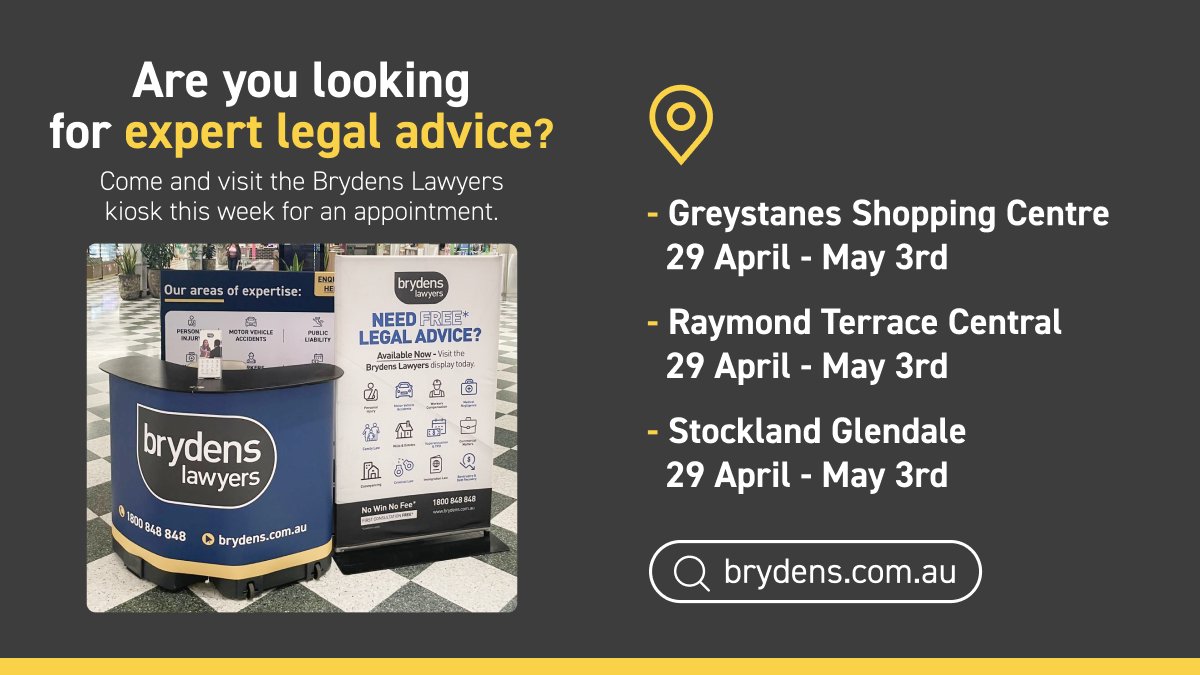 ⚖️ Are you looking for Expert Legal Advice? ⚖️ We are at Greystanes Shopping Centre , Raymond Terrace Central & Stocklands Glendale this week. brydens.com.au/contact-us/ #SydneyLawFirms #ClientFeedback #brydenslawyerswedo #legaladvice #legalnews #legalservices #lawyersofsydney