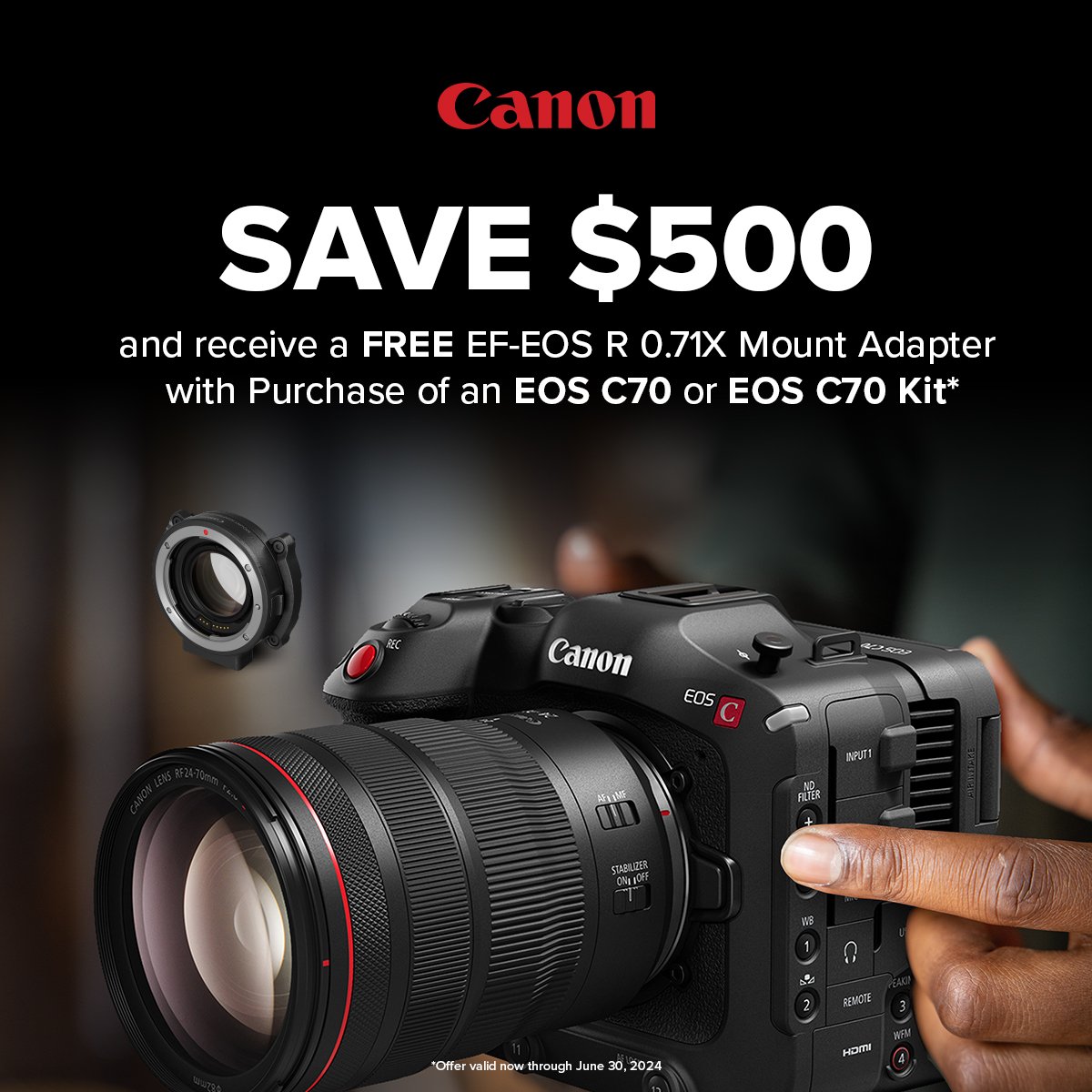 Now until June 30, 2024, save $500 on a Canon C70 Cinema Camera and receive a free EF-EOS R Adapter.  Contact Hot Rod Cameras for more information!