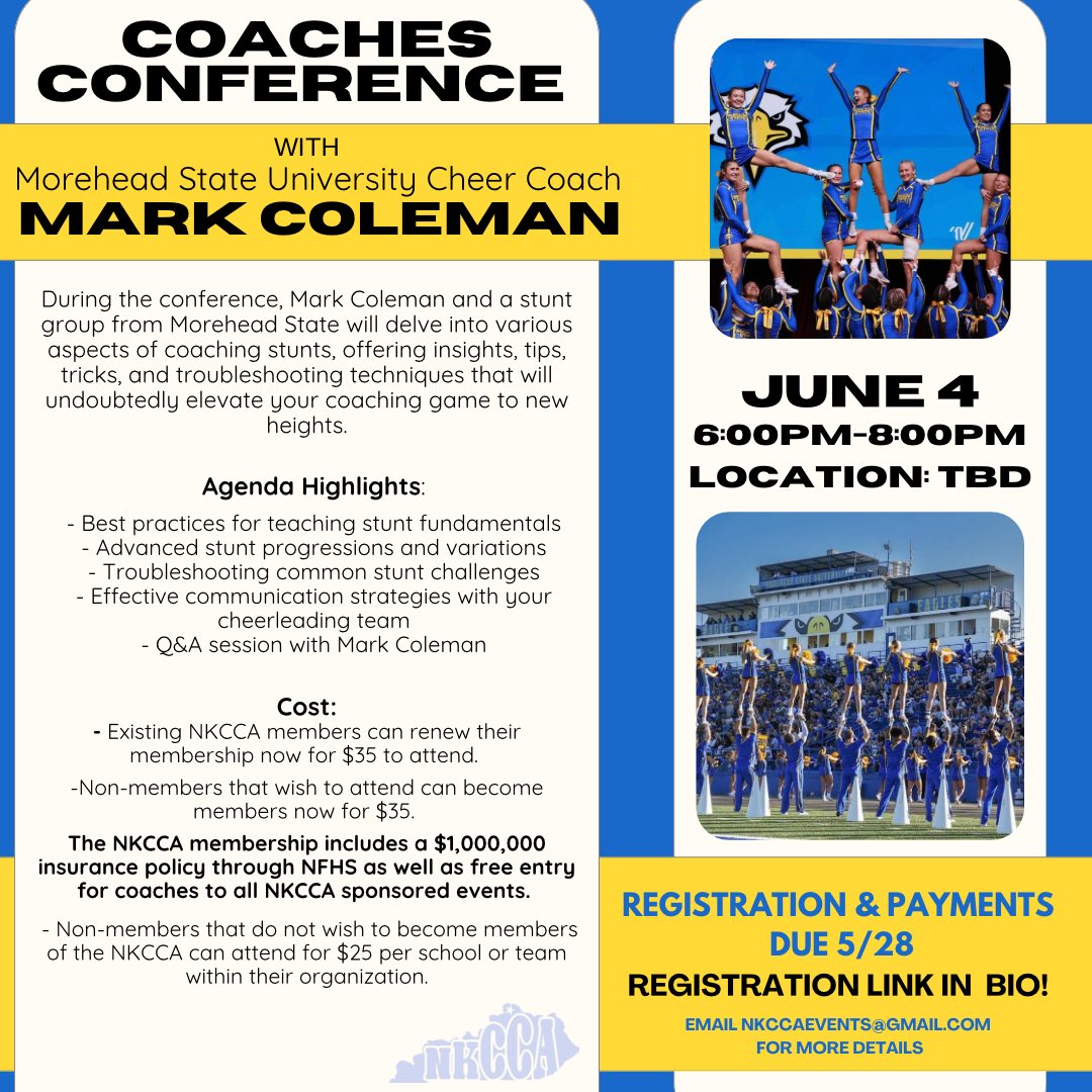 Don’t miss out on our upcoming Coaches Conference on June 4th 6:00pm-8:00pm with Morehead State University cheer coach Mark Coleman! 📅

Check out the registration link in our bio!