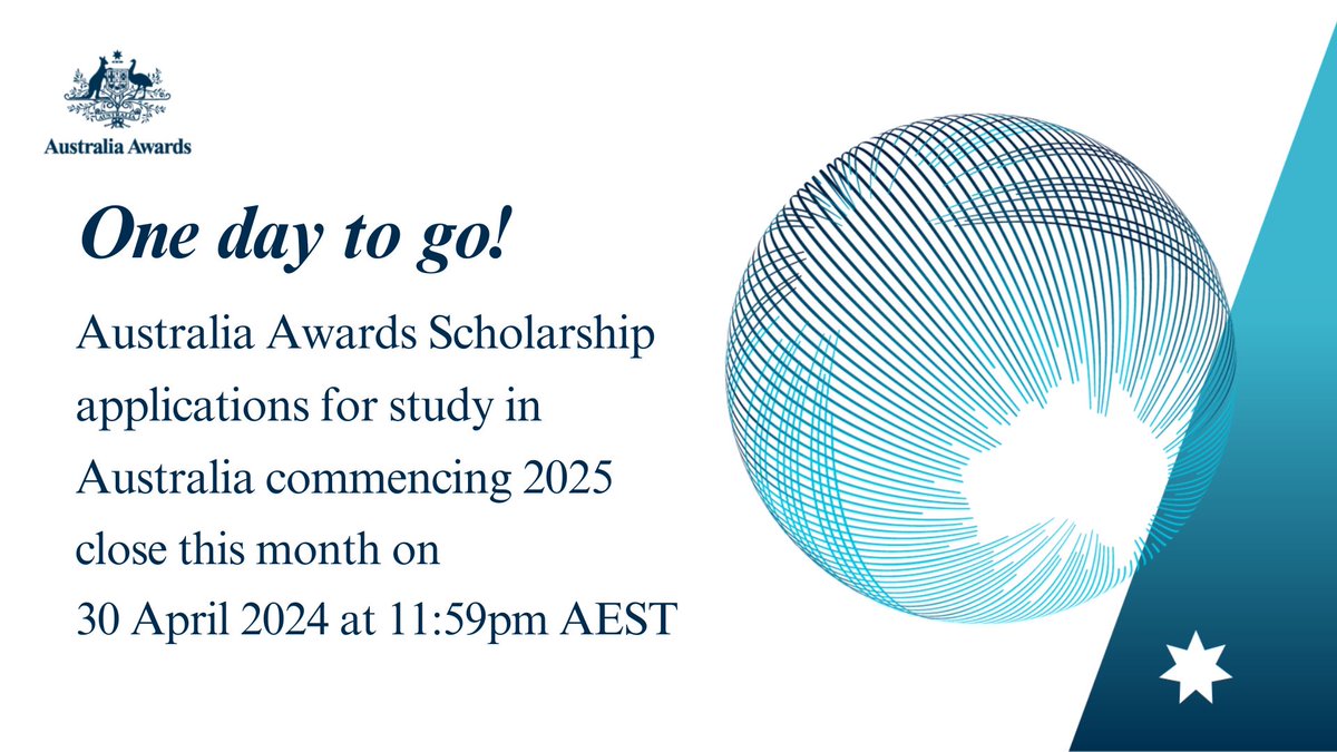 Study in Australia in 2025! 🇸🇧+ 🇦🇺 
Only one day left to apply for an @AustraliaAwards Scholarship. 
Applications close 30 April 2024 at 11:59pm AEST.  For more info: solomonislands.embassy.gov.au/honi/study.html #StudyAustralia #makeadifference #futureunlimited