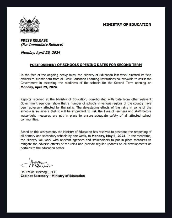 BREAKING NEWS Ministry of Education postpones re-opening of schools. Cs Ezekiel Machogu issues a press release indicating schools will re-open on May 6th not this week