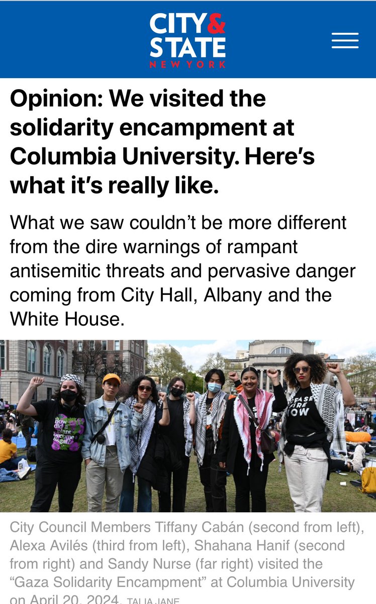 Thank you @ShahanaFromBK @tiffany_caban @SandyforCouncil for your visit & your truth. Our students are being scapegoated for political gain and all you need to really do is talk to them. #ColumbiaUniversity #CEASEFIRE_NOW cityandstateny.com/opinion/2024/0…