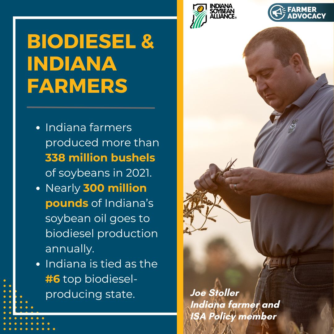 INSoybean's tweet photo. Hoosier farmers are impacting the biofuel industry by producing soybeans used in #biodiesel production. Biodiesel reduces CO2 in diesel-powered equipment. Join farmers across the state to increase access to biodiesel through ag policy and become a member: https://t.co/q00rV8N8eC https://t.co/aqLTS86J7K