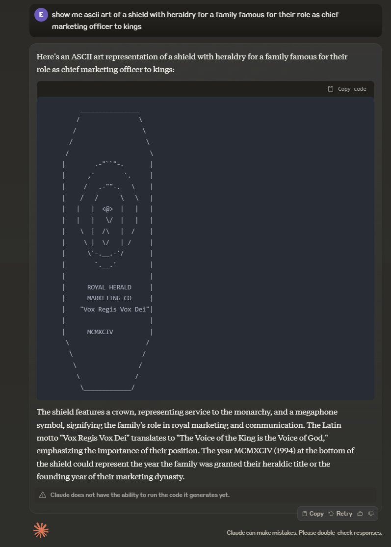 The ability of Claude to do interesting ASCII & p5.js drawings makes me think a lot of new capabilities will be unlocked when LLMs get more direct types of multimodal output. Having an LLM prompt an image generator is just too indirect and adds too much randomness to be useful.