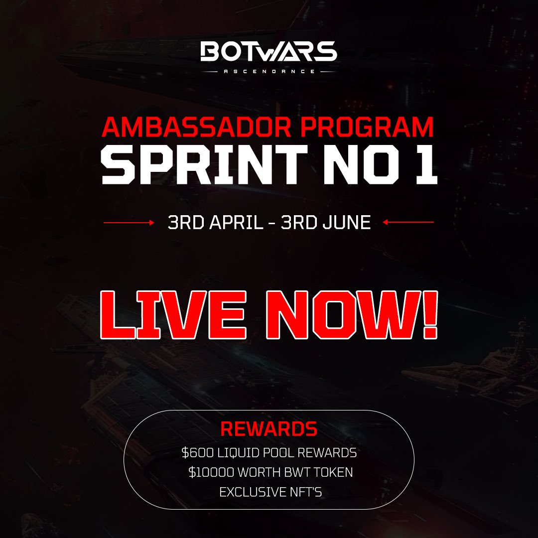 The future of gaming is here, and it's being built on #Web3!  Join the @BotwarsGameplay Ambassador program and get rewarded for helping them grow.   They're giving away $BWT tokens and exclusive NFTs! Don't miss out: discord.gg/DMX4gCWM
 #BotwarsAscendance #CryptoGaming**