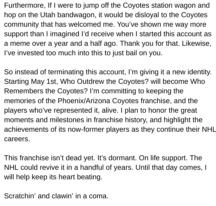 Announcement: on May 1st, change is coming to this account.

Read below 👇 and pass along to other Coyotes faithful. #Yotes