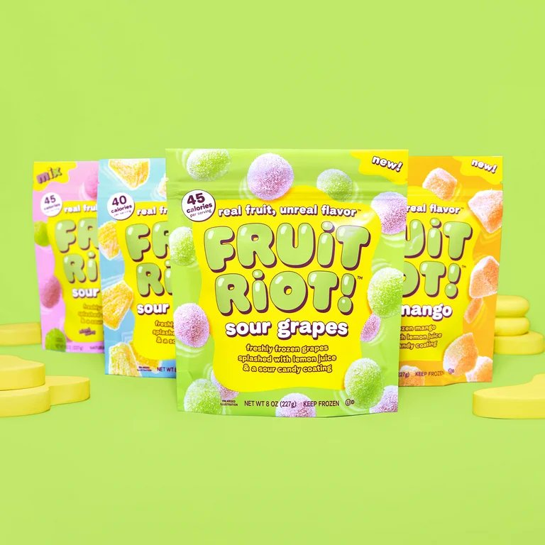 Has anyone tried Fruit Riot? Frozen fruit covered in sour candy coating is kinda genius. Looks like they retail at Albertsons, Walmart, Sprouts, and others.