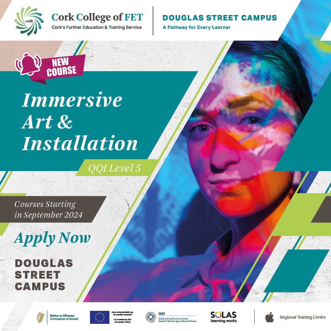 #NewCourse starting September 2024 at @DouglasSt_CCFET QQI Level 5 - Immersive Art & Installation. Apply now online: douglasstreetcampus.ie Interviews for this full-time day course will take place in May. @CorkETB @DenisLeamy @QQI_connect @Instgc @ThisisFet #FET @CareersPortal