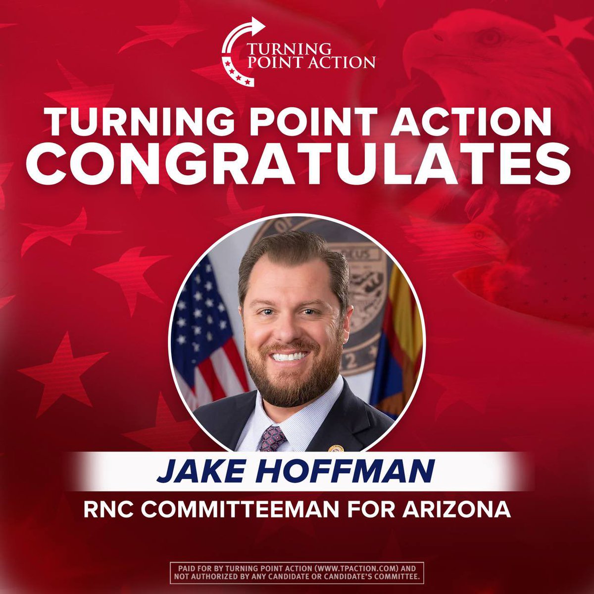 Turning Point Action is excited to congratulate @JakeHoffmanAZ on his win in Arizona! 🇺🇸

Jake will fight for a Republican Party that refuses to lose as we head into 2024 and 2026! 

Help @TPAction_ save America by getting involved now! ⤵️
TPAction.com/GetInvolved
