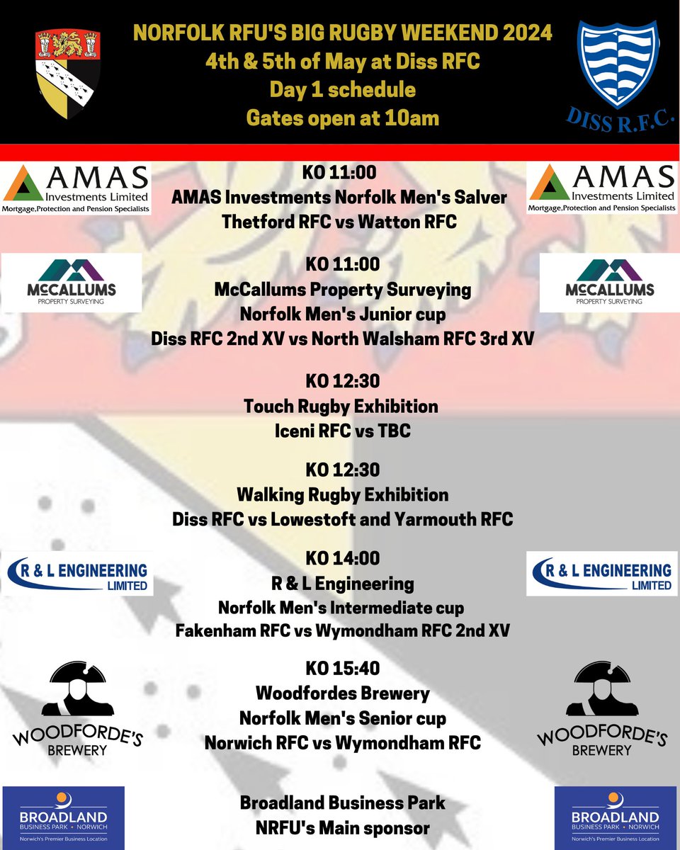 Norfolk  Big Rugby Weekend 2024 finals line up and schedule. Good Luck to all  players, teams and clubs involved. Please like and share.
<a href="/DissRugbyClub/">Diss Rugby Club</a>